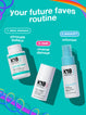 K18 hair care products with a promotional text about a 'future faves routine' on a teal background.